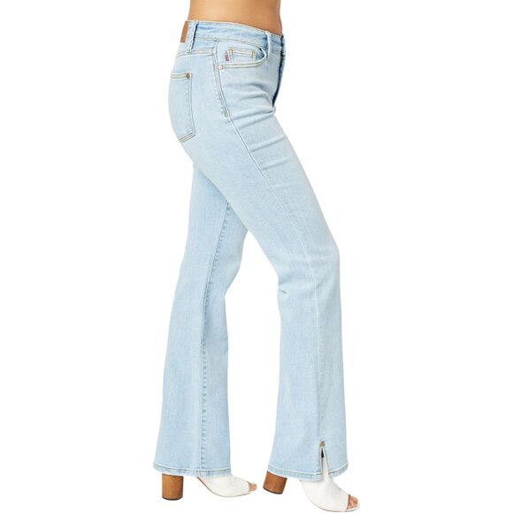 Women's Plus Light Wash Bootcut Jeans with Slit Hem Stretchy Cotton Blend - Picture 3 of 5